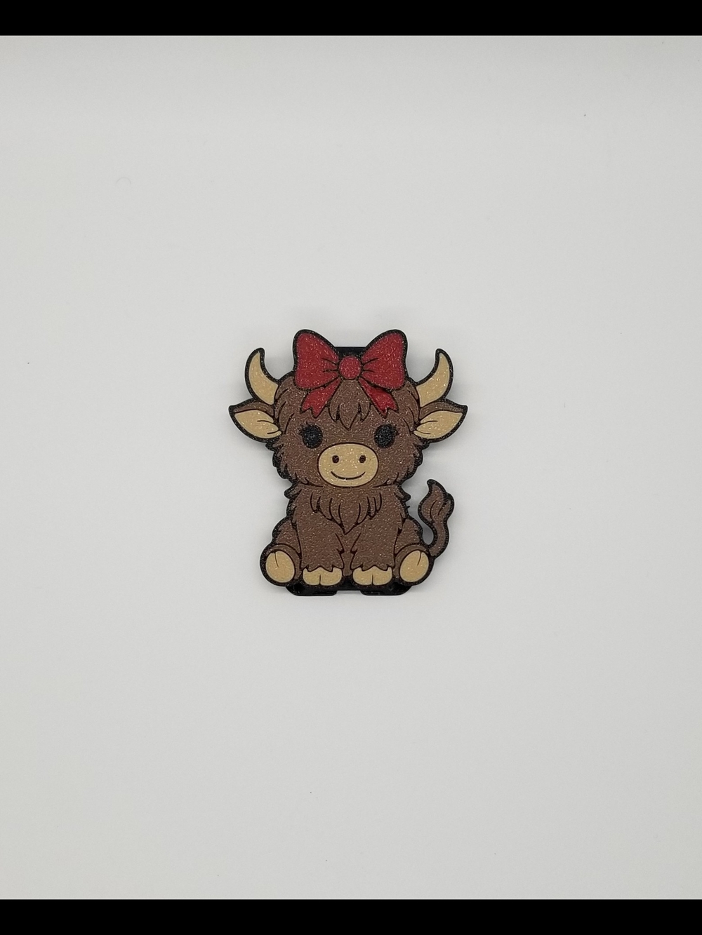 Cute Brown Highland Cow Enamel Pin with Red Bow